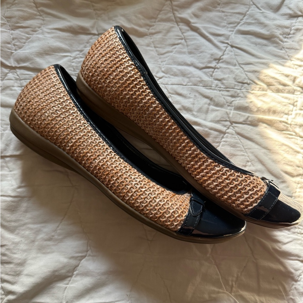 Solesenseability Women’s Wicker and Navy Toe Buckle Style Ballet Flats - Picture 2 of 8